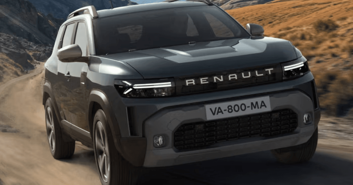 Renault Duster 2026 front view with new bold grille, C-shaped LED DRLs and muscular SUV design"